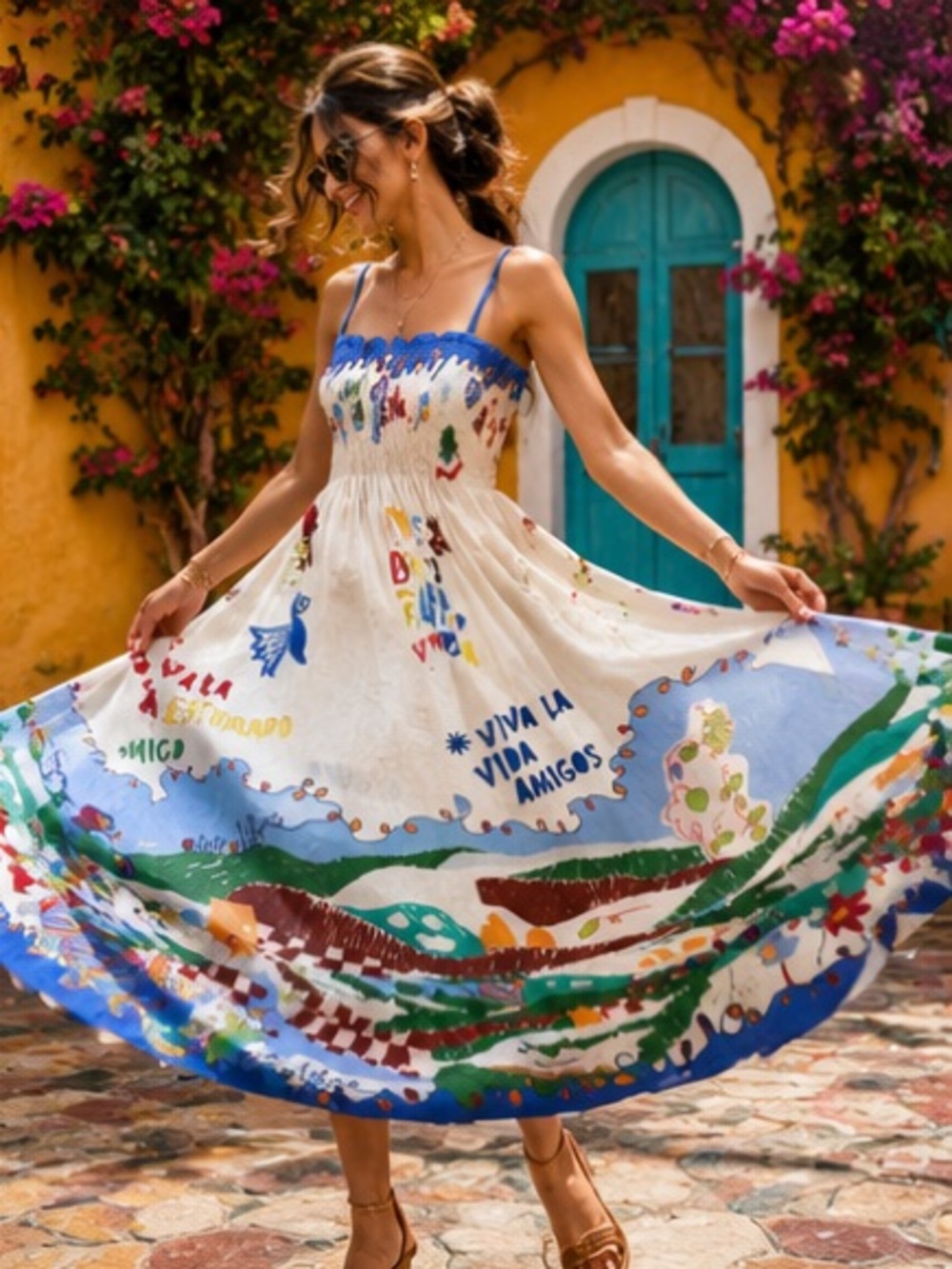 Bohemian Scenic Print Maxi Dress - White & Blue - Picture 2 of 7